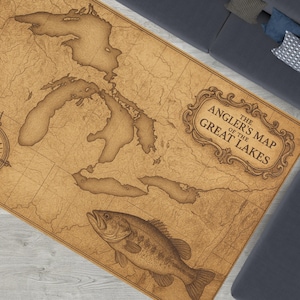 Tappeto con mappa dei Grandi Laghi The Anglers - Tappeto vintage con mappa dei Grandi Laghi - Decorazione rustica per pavimenti da pesca per interni di baite, lodge e case sul lago - Regalo Lake Angler V1
