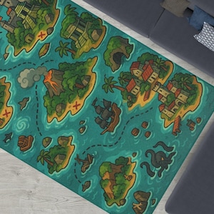 Piraten Spielteppich - Piraten Schatzkarte Spieldecke für Kinder - Maritimer Teppich mit Seeungeheuern & Schiffen - Weicher Chenille Teppich V3