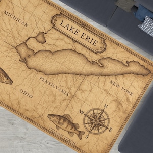 Tapis de navigateur vintage sur le lac Érié - décoration de carte de pêche antique pour maison au bord du lac, cabane ou pavillon côtier - cadeau de pêcheur du lac Érié V1