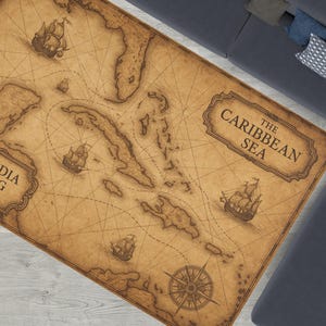 Carte corsaire des Caraïbes - tapis carte nautique antique avec rose des vents - conception de bateau pirate - décoration côtière inspirée du commerce des Indes orientales V2