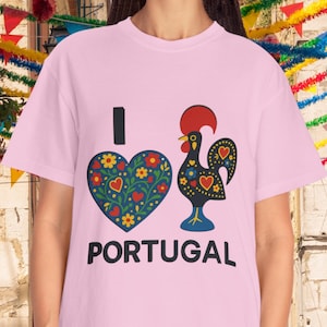 Vibrant I Love Portugal Folk Art Shirt - Barcelos Rooster Tee - Colorful Portuguese Comfort Colors Design V2