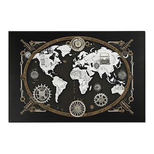 Teppich | Steampunk Weltkarte Teppich | Fügen Sie Ihrem Wohnzimmer einen Hauch von viktorianischem Charme mit einem Jules Verne-Gefühl | Platz V6