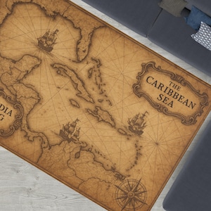 Carte corsaire des Caraïbes - tapis carte nautique antique avec rose des vents - conception de bateau pirate - décoration côtière inspirée du commerce des Indes orientales V3