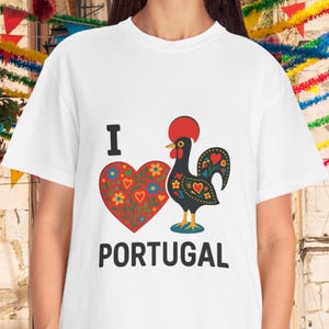 Vibrant I Love Portugal Folk Art Shirt - Barcelos Rooster Tee - Colorful Portuguese Comfort Colors Design V1