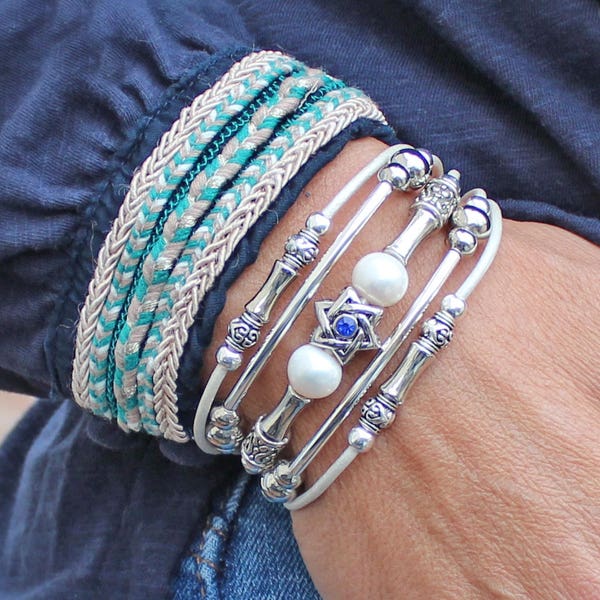 Star of David & Freshwater Pearls Beaded Leather Bracelet | Judaica Jewish | Swarovski Crystal | Hanukkah Bat Mitzvah Gift