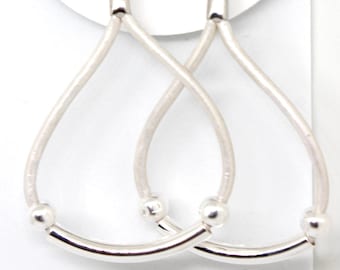Curved Beaded Leather Earrings | Silver Beads | Modern Earrings | Minimalist Jewelry | Gift For Her | Boho Earrings