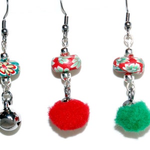 Christmas Earrings Jingle Bell Earrings Red & Green Pompom Earrings Class Gift Party Favor Stocking Stuffer Girls Teen Earrings image 1