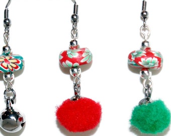 Christmas Earrings | Jingle Bell Earrings | Red & Green Pompom Earrings | Class Gift | Party Favor | Stocking Stuffer | Girls Teen Earrings