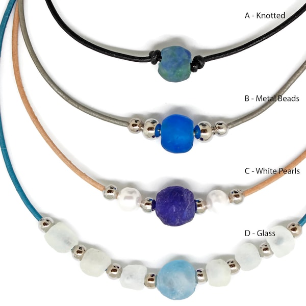 Handgemachte afrikanische Glaskette in der Auswahl des Stils & Farben | Leder, Seeglas, Perlen, Tribal Perlen | Küstenort Schmuck