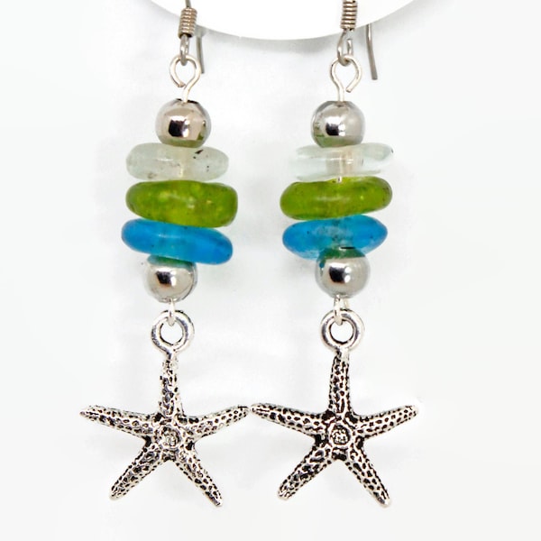 Pick Your Charm Sea Glass Earrings | 25+ Charms! | Starfish Mermaid Pawprint Anchor Peace Jewish Star Turtle Tree of Life Hamsa Sun Book