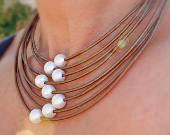 Pearls & Leather Necklace | Resort Necklace | Boho Pearl Jewelry | Pearl Necklace | Freshwater Pearls | Choose Color(s)