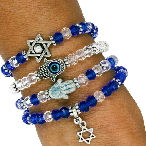 Stretch Joodse armband met glaskralen | Selecteer Davidster Evil Eye Hamza Charm | Chanoeka Chanoeka-cadeau onder de 15 jaar | Bat Mitswa geschenk