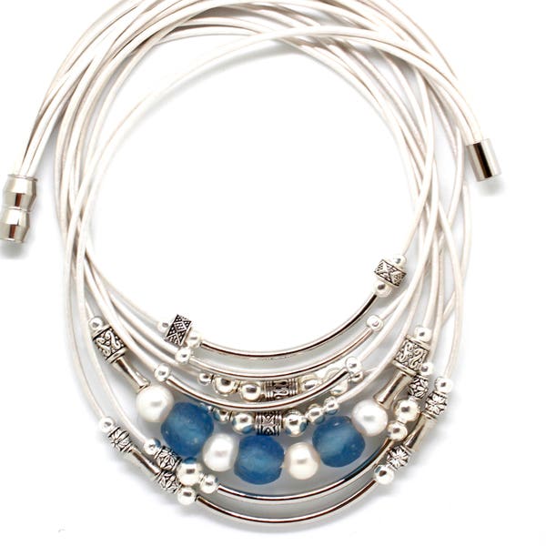 Perle & Glas Perlen Leder Halskette| Leder, Meer Glas, Perlen, Tribal Perlen | Coastal Resort Schmuck | 18"