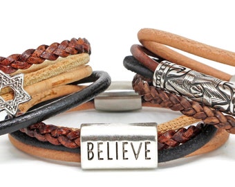 Leather & Cork Bracelet With Choice of Bead | Bar or Bat Mitzvah Gift | Hanukkah Chanukah | Gift For Her Him Them | Leather Stack Bracelet