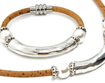 Cork Bracelet or Necklace: Hammered Silvertone With Acrylic Pearl Beads, Vegan