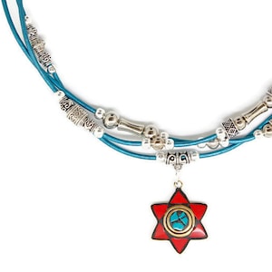 Leren 3-strengs kralenketting met Nepalese mozaïekster van davidster | Judaïca-sieraden | Chanoeka-cadeau | Hanger ketting: