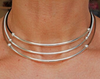 Choose The Color Adjustable Casual Boho Chic Choker Necklace Silver Jewelry Silver Curved Tube Bead /& Leather Festival Choker Necklace