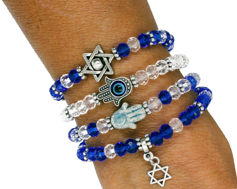 Glass Beaded Stretch Jewish Bracelet Select Star of David Evil Eye Hamza Charm Chanukah Hanukkah Gift Under 15 Bat Mitzvah Gift image 1
