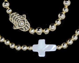 18k Gold Filled Beaded Bracelet | Mother Of Pearl Cross | Gold Filled Hamsa | Size 6 or 7