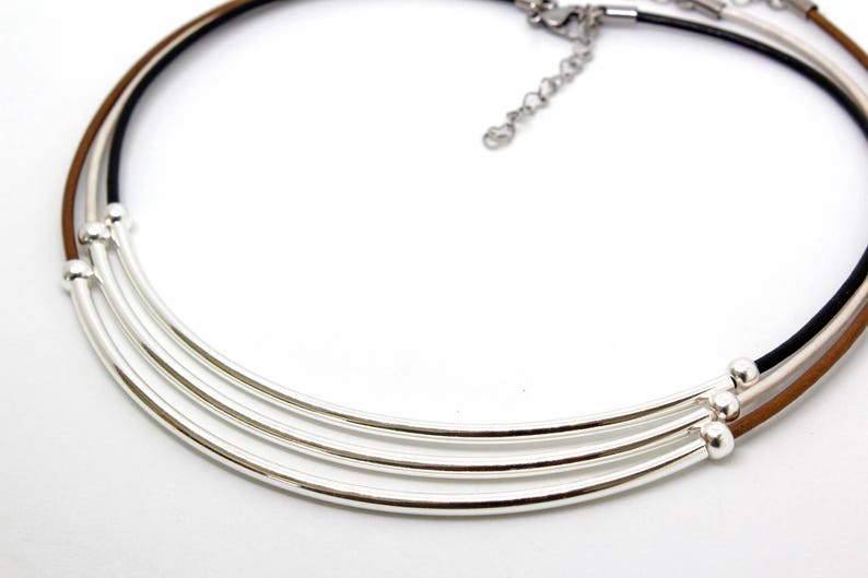 Choose The Color Adjustable Casual Boho Chic Choker Necklace Silver Jewelry Silver Curved Tube Bead /& Leather Festival Choker Necklace