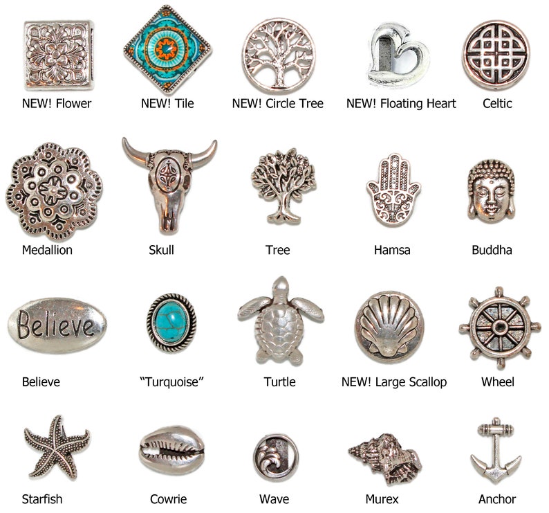 May include: A collection of silver-toned metal charms with various designs, including a flower, tile, tree, heart, Celtic knot, medallion, skull, Hamsa hand, Buddha, turtle, starfish, and anchor. Some charms have the word "NEW!"