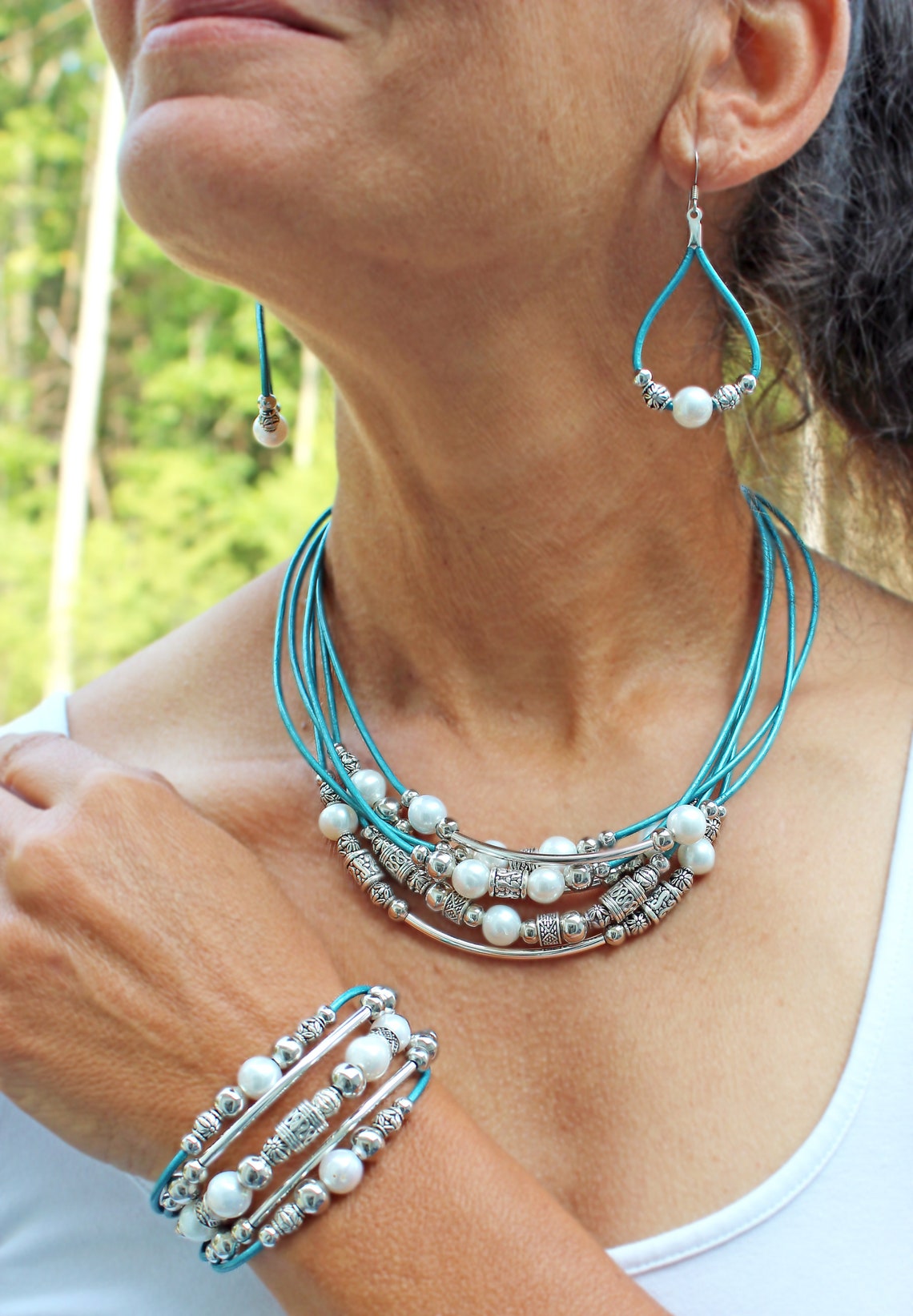 Pearls & Beaded Leather Jewelry Set 4 Pieces Freshwater Etsy