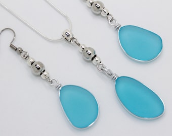 Wire-Wrapped Cultured Sea Glass Earrings & Necklace Set | Turquoise Blue | F22ATUR