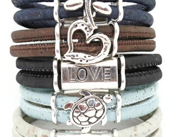 Vegan Cork Bracelet | Antique Silver Charms, Size 7