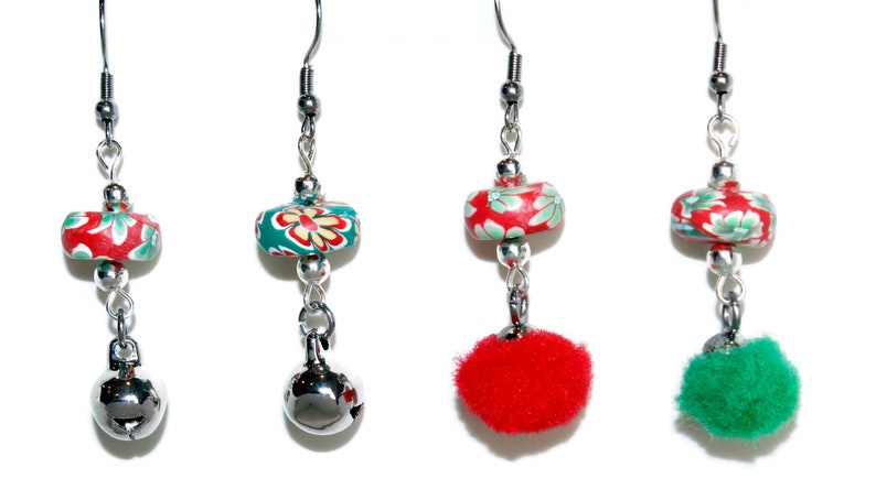 Christmas Earrings Jingle Bell Earrings Red & Green Pompom Earrings Class Gift Party Favor Stocking Stuffer Girls Teen Earrings image 1