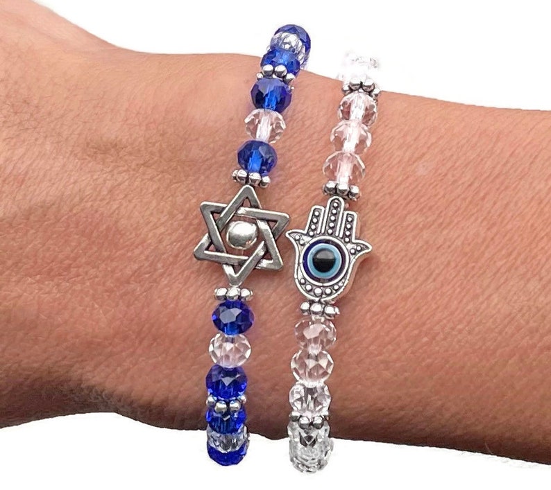 Glass Beaded Stretch Jewish Bracelet Select Star of David Evil Eye Hamza Charm Chanukah Hanukkah Gift Under 15 Bat Mitzvah Gift image 3