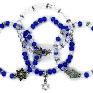 Glass Beaded Stretch Jewish Bracelet Select Star of David Evil Eye Hamza Charm Chanukah Hanukkah Gift Under 15 Bat Mitzvah Gift image 8