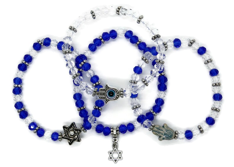 Glass Beaded Stretch Jewish Bracelet Select Star of David Evil Eye Hamza Charm Chanukah Hanukkah Gift Under 15 Bat Mitzvah Gift image 8