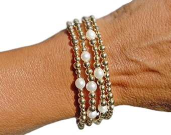 18k Gold Filled Beaded Bracelet | Choice Of Cultured Pearls, AB Crystal Glass | Size 6 or 7