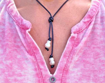 MUST-HAVE Baroque Pearl Lariat Y Leather Necklace | All-Season | Genuine Freshwater Pearls | Boho Festival Necklace | On-Trend Necklace