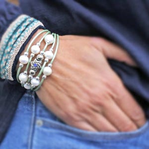 Star of David & Freshwater Pearls Beaded Leather Bracelet | Swarovski Crystal | Judaica Jewish | Resort Coastal | Hanukkah Bat Mitzvah Gift