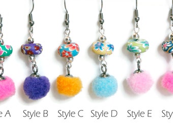 Pompom & Polymer Clay Earrings | Fun Cute Colors | Party Favor | Birthday Gift | Stainless Steel Ear Wires | Pom Jewelry | Stocking Stuffer