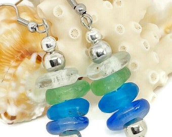 African Handmade Fused Sea Beach Glass Earrings | Tropical Coastal | Beachy Resort Jewelry | Fair Trade