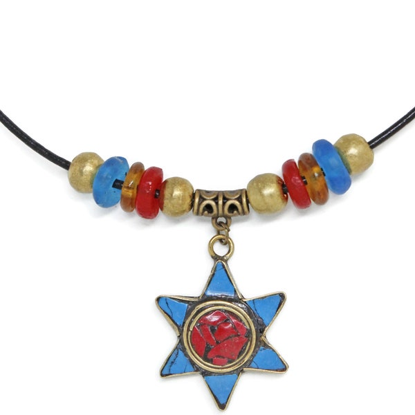 Mosaic Inlaid Star of David Pendant Necklace With Krobo Glass Beads  | Nepal Handmade | Judaica Jewish | Hanukkah Bat Mitzvah Gift