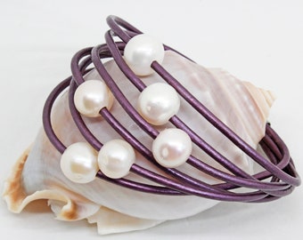 Pearls & Leather Bracelet | Resort Necklace | Boho Pearl Jewelry | Pearl Bracelet | Freshwater Pearls | Choose Color(s)