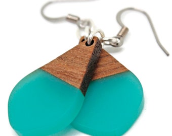 Tropical Blue-Green Resin & Wood Earrings | Great Gift Under 20!