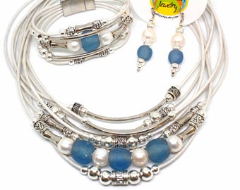 Pearls & Glass 4 Piece Set | Leather, Sea Glass, Bali Beads | Earrings, Bracelet, Necklace | Boho Jewelry | Resort Jewelry