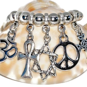 Coëxistentie Interreligieuze vrede leven bedelarmband | Om Ankh Kruis Vredesster van David | Keuze uit leerkleur | Jodendom Boeddhisme Christelijk