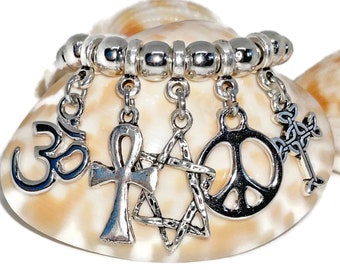 Coexist Interfaith Peace Life Charm Bracelet | Om Ankh Cross Peace Star of David | Choice of Leather Color | Judaism Buddhism Christian