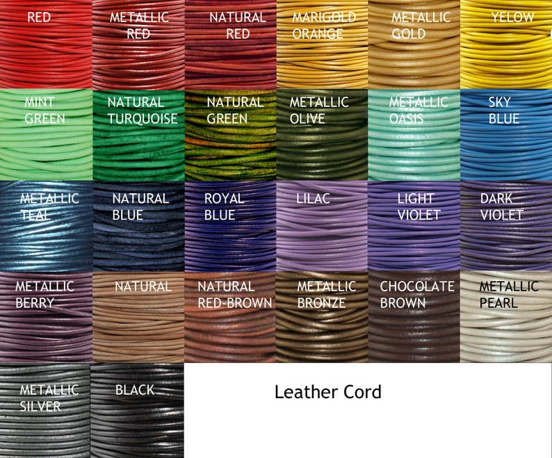 Pode incluir: Uma variedade de cord&otilde;es de couro em v&aacute;rias cores, incluindo vermelho, azul, verde e castanho. A imagem exibe uma tabela de cores com nomes como "Vermelho Met&aacute;lico", "Turquesa Natural" e "Castanho Chocolate". O texto "Leather Cord" tamb&eacute;m &eacute; vis&iacute;vel.