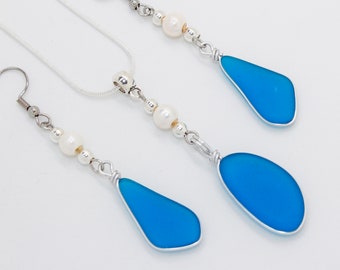 Wire-Wrapped Cultured Sea Glass Earrings & Necklace Set With Genuine Freshwater Pearls | Pacific Blue | F22BPAC