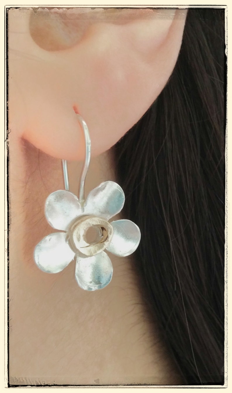 Flower Drop Earrings. Sterling Silver and Gold Filled. Summer Jewelry