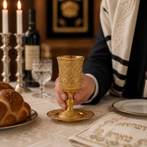 Kiddush Cup Goblet Gold Plated & Plate Filigree Design
