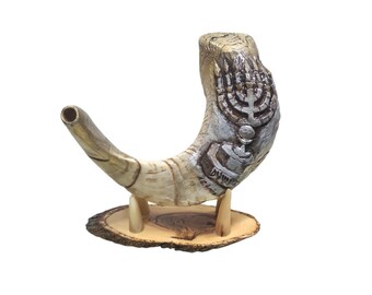 Amen Judaica Engraved Shofar With Menorah 18&quot;-20&quot; Ram Horn Shofar