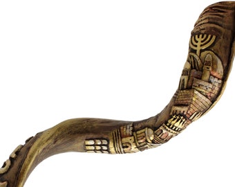 Amazing Engraved Yemenite Kudu Horn  Shofar - The Old City of Jerusalem and its Walls 39-41 Inches