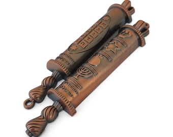Torah Door Mezuzah With Jewish Symbols: Menorah, Shadai, Ten Commandments, Pomegrante And Star Of David, Metal Mezuzah Red Bronze Color
